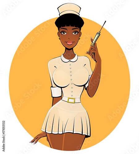 Sexy black nurse in a transparent dress with a syringe.