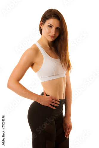 Active young sporty hispanic woman workout with dumbbells isolateda