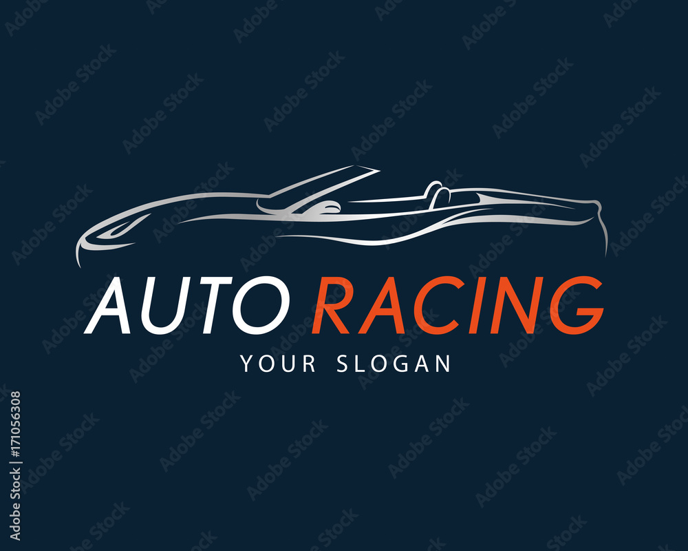 Auto racing symbol on dark blue background. Silver sport car logo design for dealer, shop, service station, showroom or corporate identity.