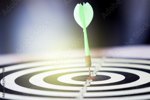 Classic bull eye target hitted by arrow into the center of bull eye target close up.