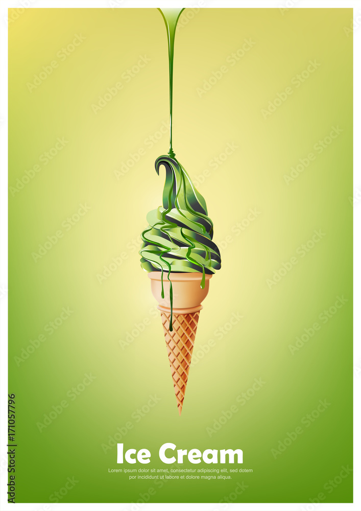 Green soft ice cream in the cone, Pour green syrup, lemon lime and ...