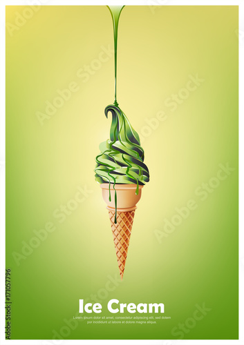Green soft ice cream in the cone, Pour green syrup, lemon lime and green tea flavor, Vector illustration