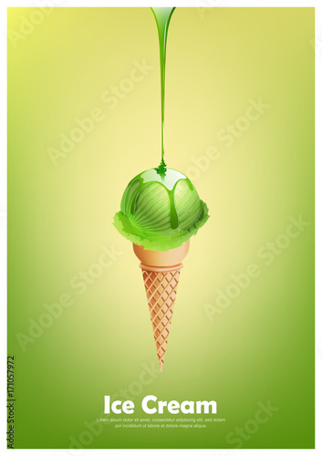 Green ice cream cone, Pour green syrup, lemon lime and green tea flavor, Vector illustration