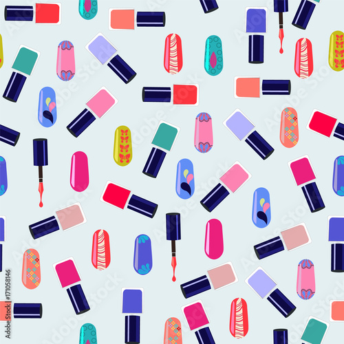  Vector pattern of colorful nail polish bottles.