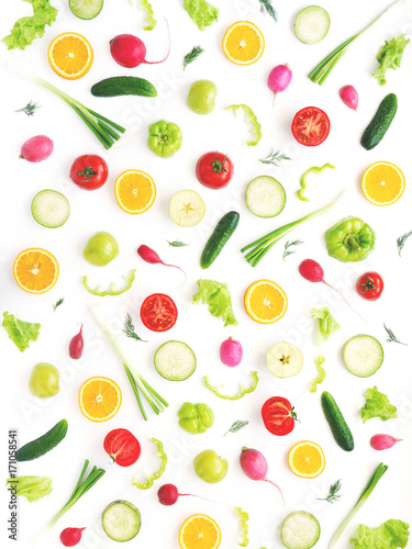 Wallpaper abstract composition of fruits and vegetables. Food pattern vegetables. Healthy food concept. Vegetables, top view.
