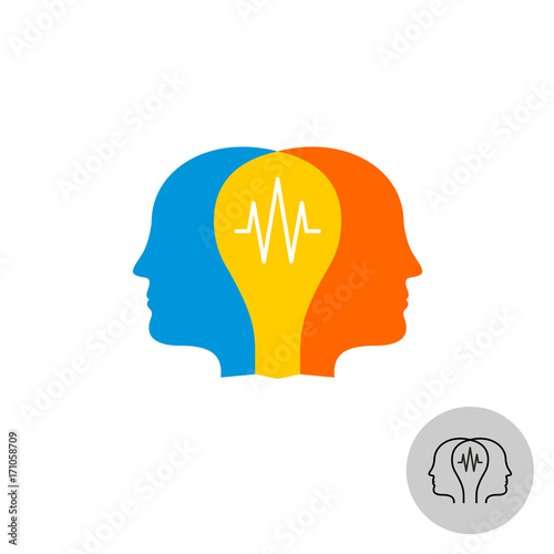 Two heads with lamp logo. Teamwork synergy sign.