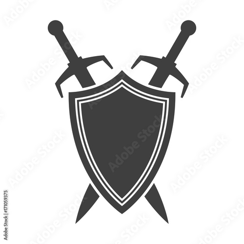 Abstract shield and sword icon.