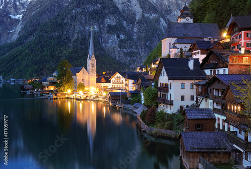 Austria Alps landscape, Hallstatt at night