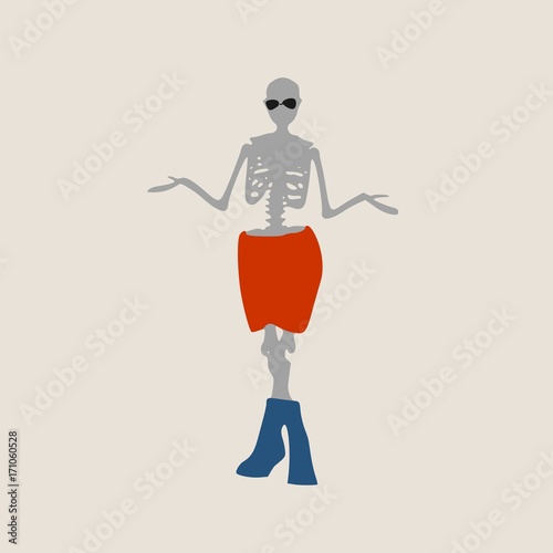 Confused and frowned skeleton standing shrugging shoulders complaining expressing anger and frustration yelling gesturing with his hands. Flat style vector illustration