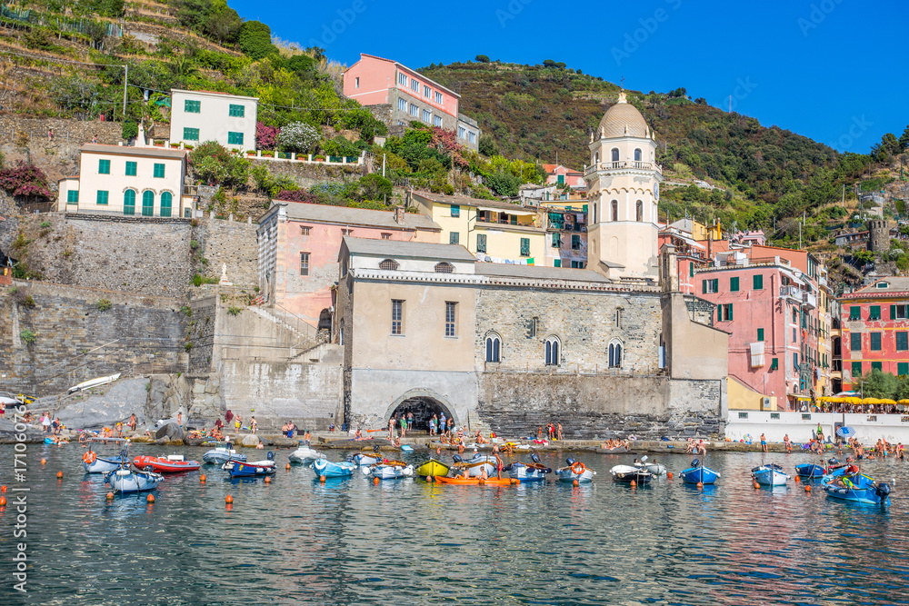 VERNAZZA, ITALY, JULY 31, 2017 - View of Vernazza, 5 Terre, La Spezia province, Ligurian coast, Italy.