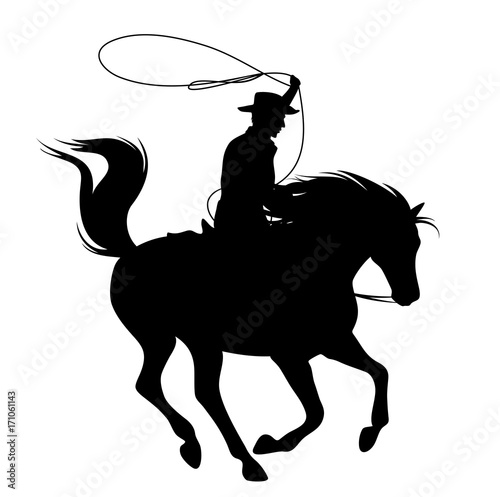 cowboy throwing lasso riding running horse - black vector silhouette over white