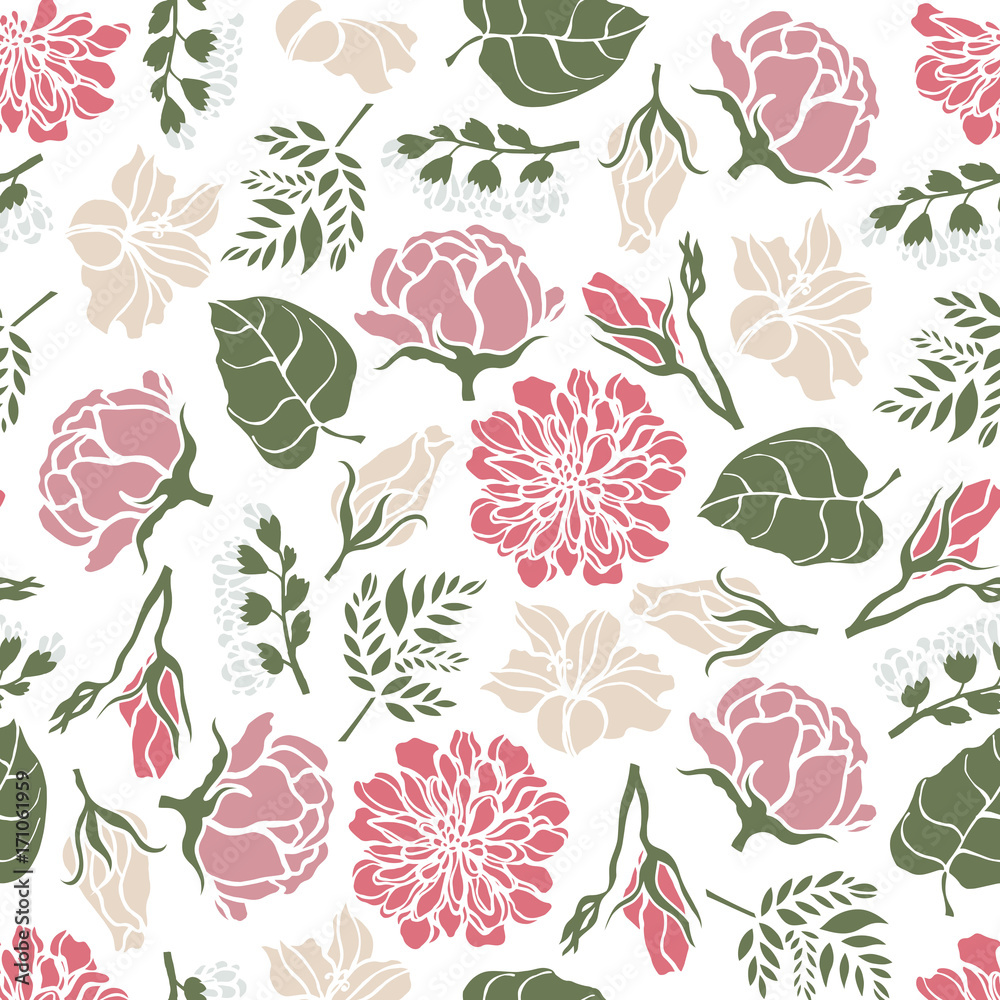 Seamless floral pattern with flowers of peonies, roses, bells, lilies, ferns. Vector illustration.