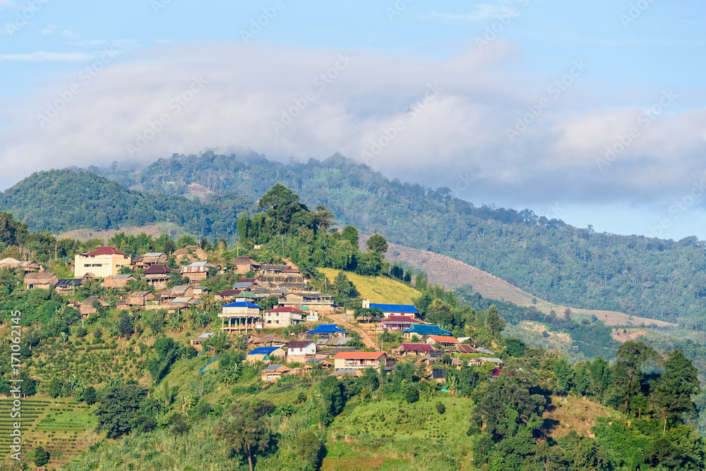 Beautiful natural morning landscape small village in the countryside on the mountain at Doi Mae Salong in Chiang Rai Province, Thailand