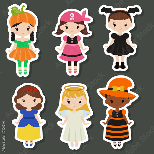 Cute cartoon children in colorful halloween costumes.