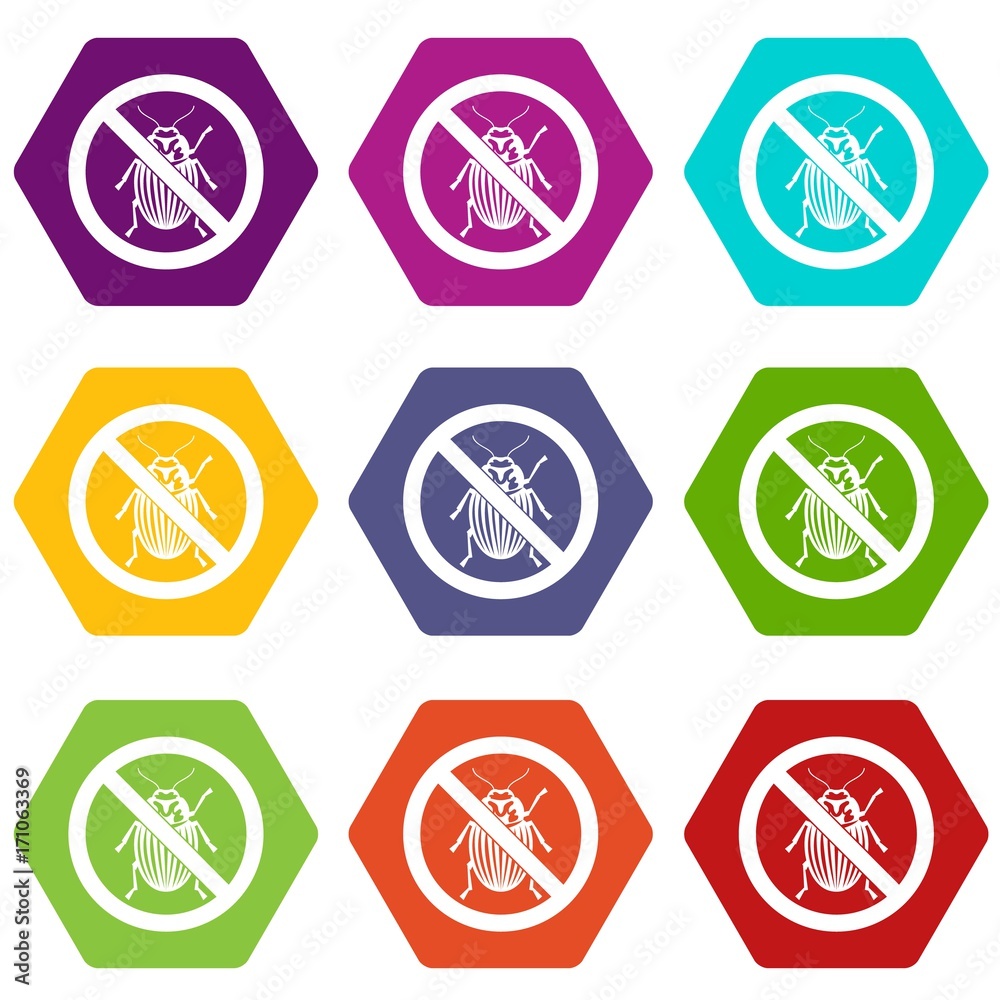 No potato beetle sign icon set color hexahedron No potato beetle sign icon set color hexahedron