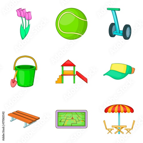 Outdoor park activities icon set, cartoon style
