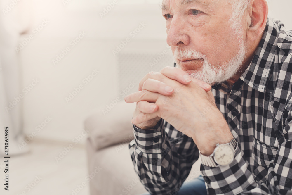 Pensive elderly man portrait, copy space Pensive elderly man portrait, copy space