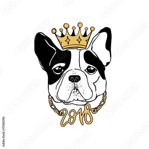 King of the new year. Vector funny poster. Drawn french bulldog in the crown and with the number 2018 on the gold collar. Dog is symbol of Chinese New Year. Hand drawn holiday image. 