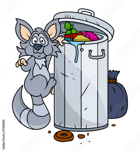 Hungry Cartoon Raccoon Finding Food from Dustbin