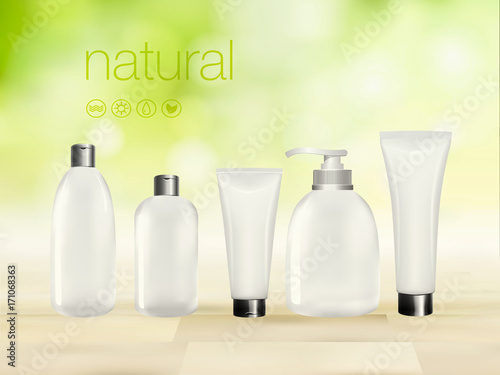 Vector 3D illustration with green costemic product ads, makeup template, skin and body care cream blank package against nature background.