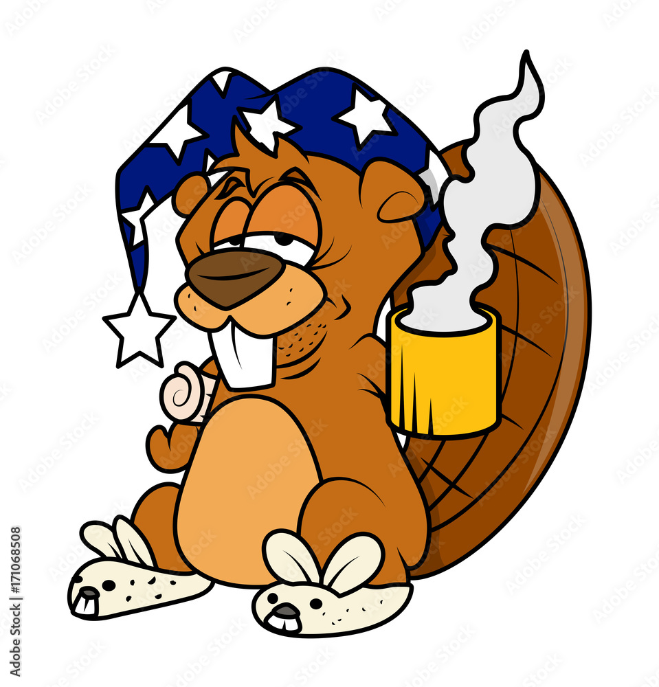 Tired Cartoon Beaver Drinking Coffee - cartoon clip-art vector character  Stock Vector | Adobe Stock