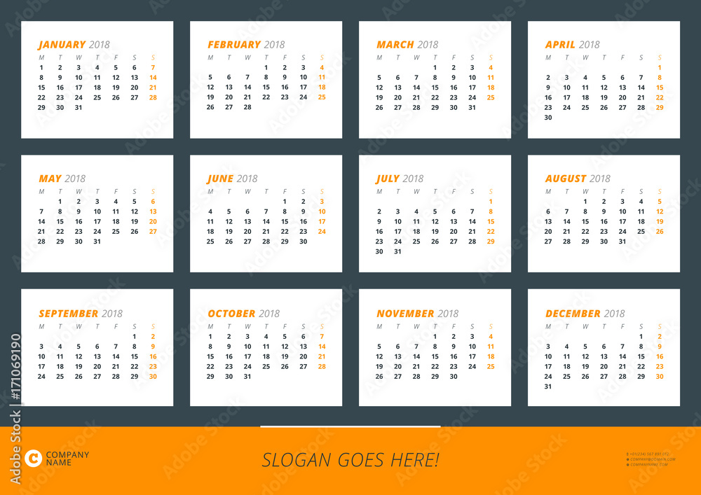 Wall calendar poster for 2018 year. Vector design print template. Landscape orientation. Week starts on Monday