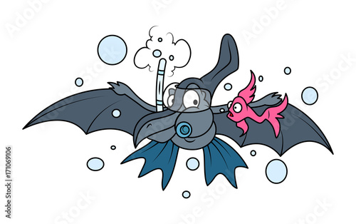 Bird Dinosaur Swimming Underwater - cartoon clip-art vector character