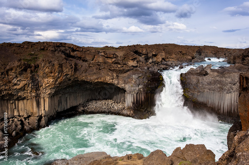 Spectacular Aldeyarfoss waterfall with rock formation in Iceland