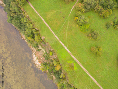 aerial view, baltic sea with green forest