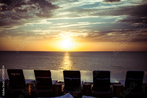 Relaxation on a pool with sunset sea view, Russia, Crimea 