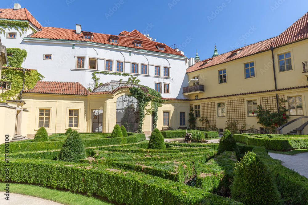 View of the formal and Baroque style Vrtba Garden (Vrtbovská zahrada) in Prague, Czech Republic on a sunny day.