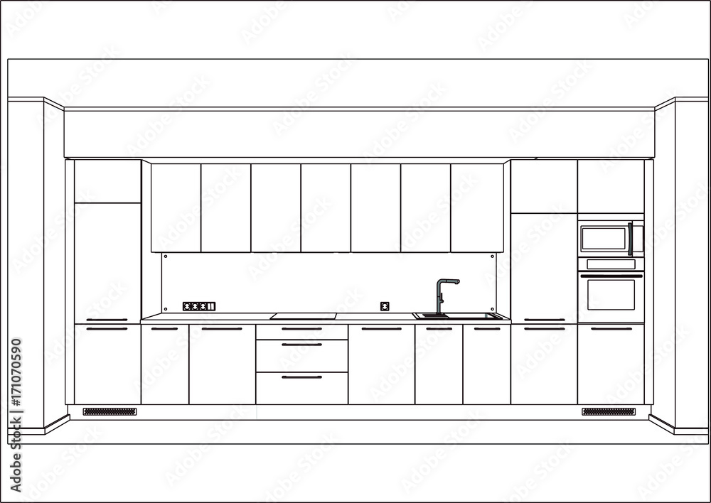 Sketch hand drawing kitchen interior plan with island. Vector kitchen  project illustration in perspective. Brush line draw design. Stock Vector |  Adobe Stock