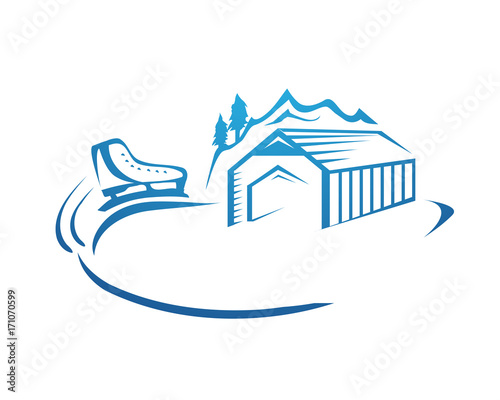 skating rink logo, skating rink with outline of hut and skate and moutian, illustration design, isolated on white background 
