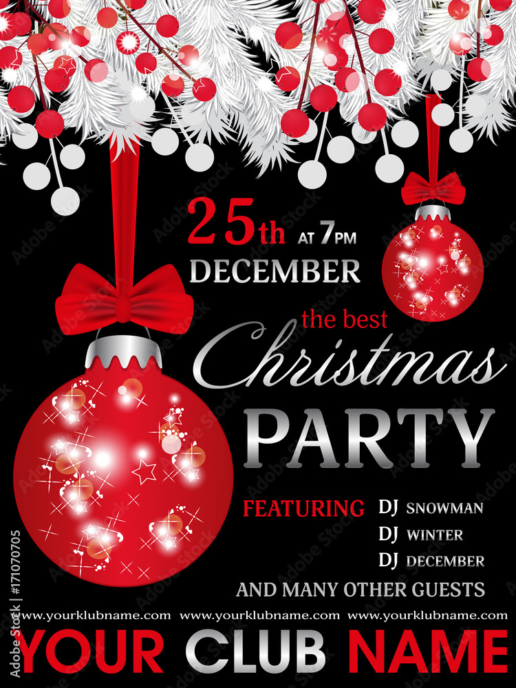 Christmas party invitation template black background with fir white