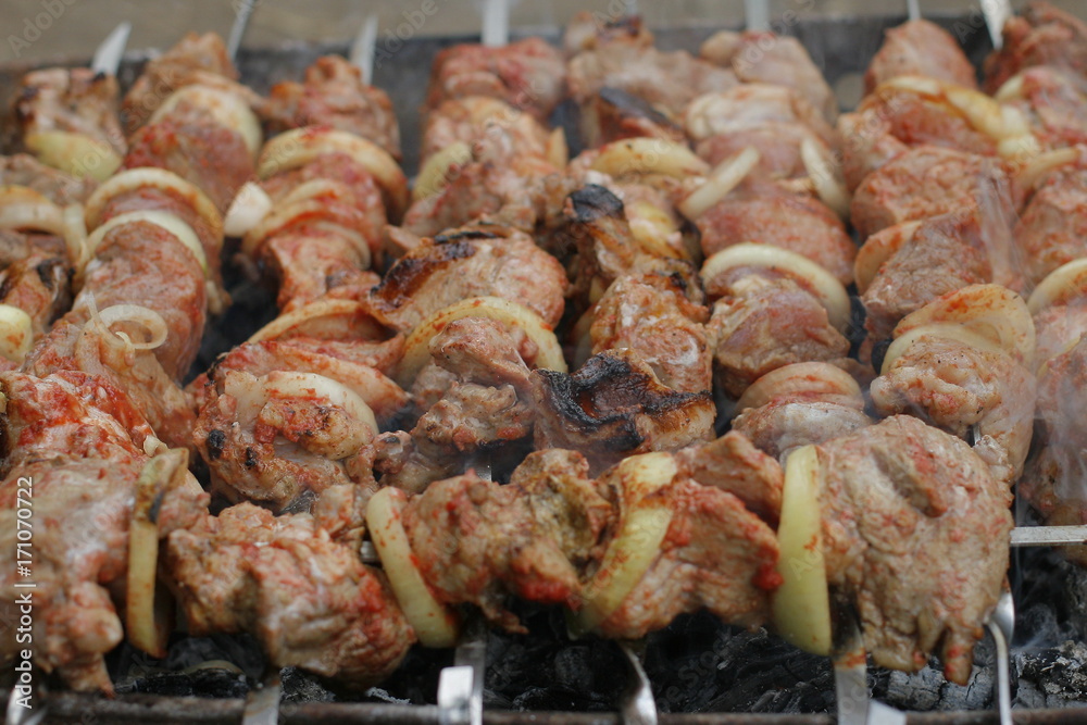 Shish kebab cooking process.