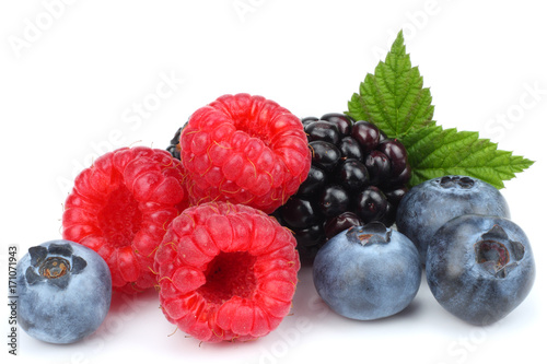 mix of blueberries, blackberries, raspberries isolated on white background