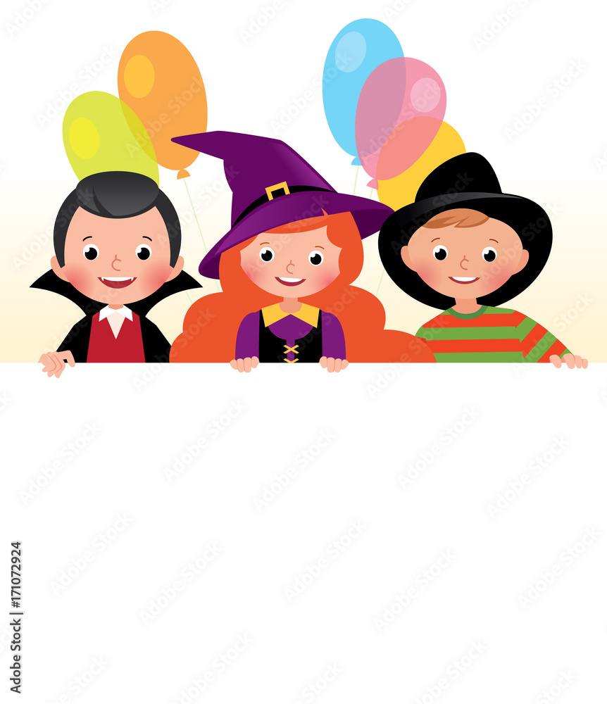 Three friends in Halloween costumes. A festive poster for a party. Vector cartoon illustration