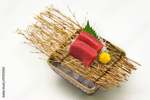 Chutoro (Tuna) sashimi in brown bowl Japanese style on white background photo