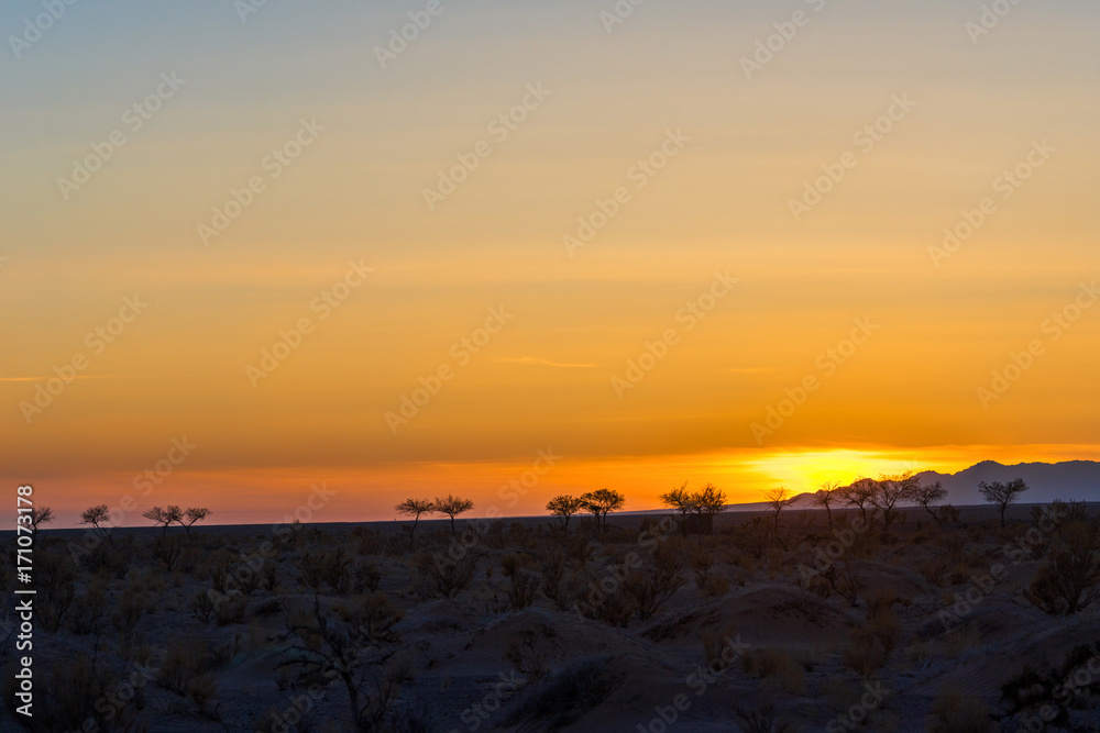 Obraz premium silhouettes of trees on hill at orange sunset with great mountains on background 