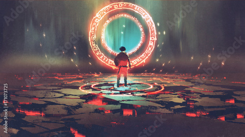 man standing in front of magic circle with red light, digital art style, illustration painting