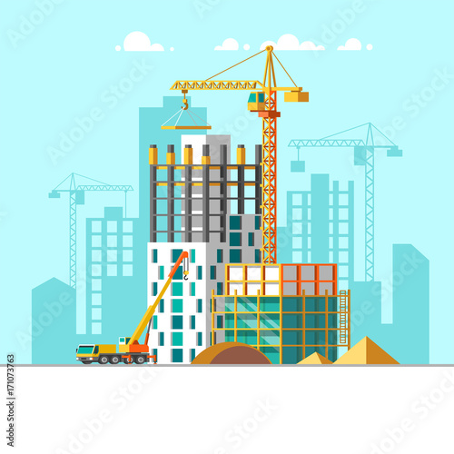 Construction of residential houses. Construction site concept design. Flat style vector illustration.
