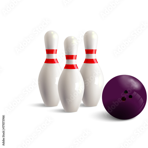 Bowling skittle. Realistic vector illustration of bowling ball and pins on white background.