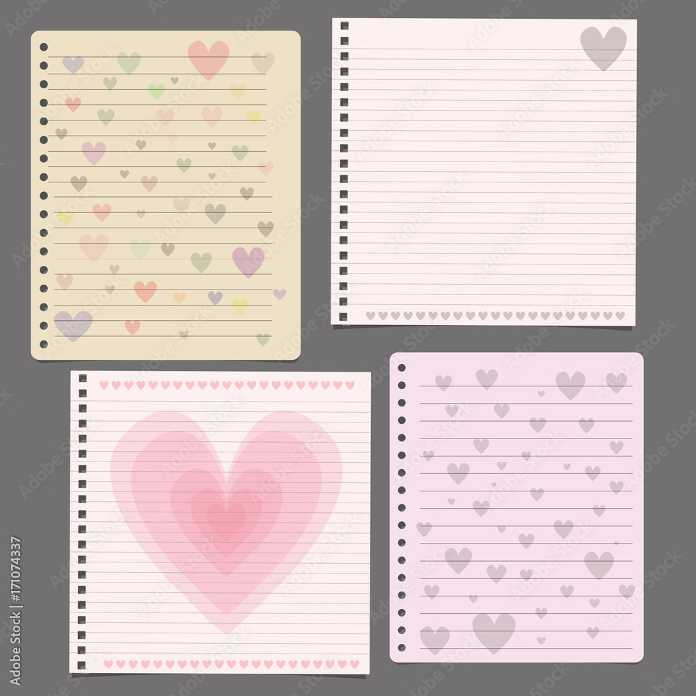Set of notebook paper sheets - ruled, with heart designs on grey background 