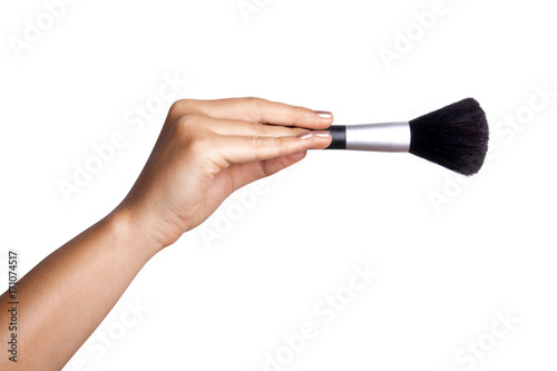 Women's hand with cosmetic accessories:powderbrush