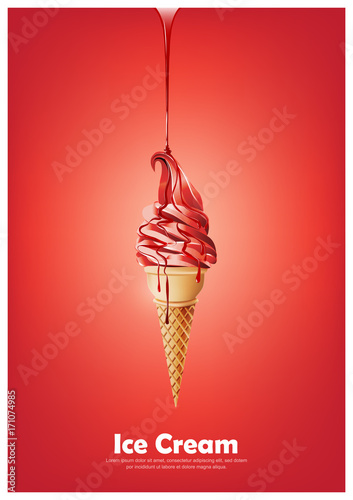 Red soft ice cream cone, Pour red syrup, strawberry raspberry fruit flavor, Vector illustration
