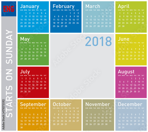 Colorful Calendar for Year 2018, in English. Week starts on Sunday