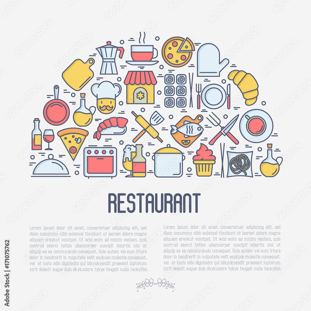 Restaurant concept in half circle with thin line icons: chef, kitchenware, food, beverages for menu or print media. Vector illustration for banner, web page.