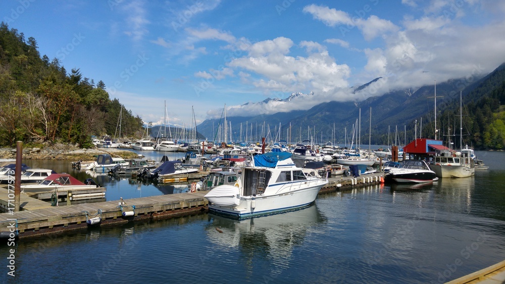 Boats in Harbor with Mountains