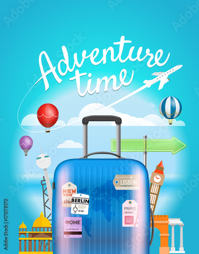 Adventure time. Vector travel illustration with the handbag