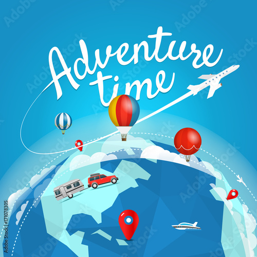 Adventure time vector illustration. Travel concept with lettering logo